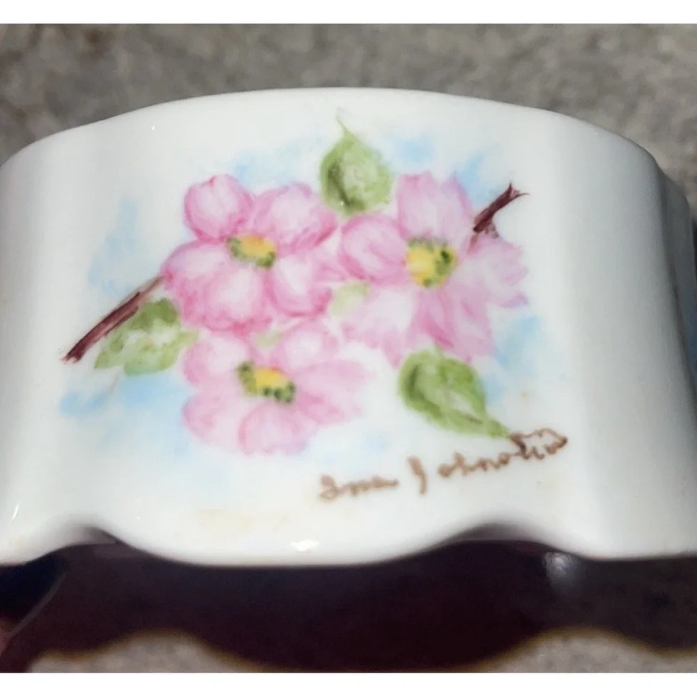 VTG painted China Trinket jewelry Dish Lid flowers Cottage-core Granny Scotland